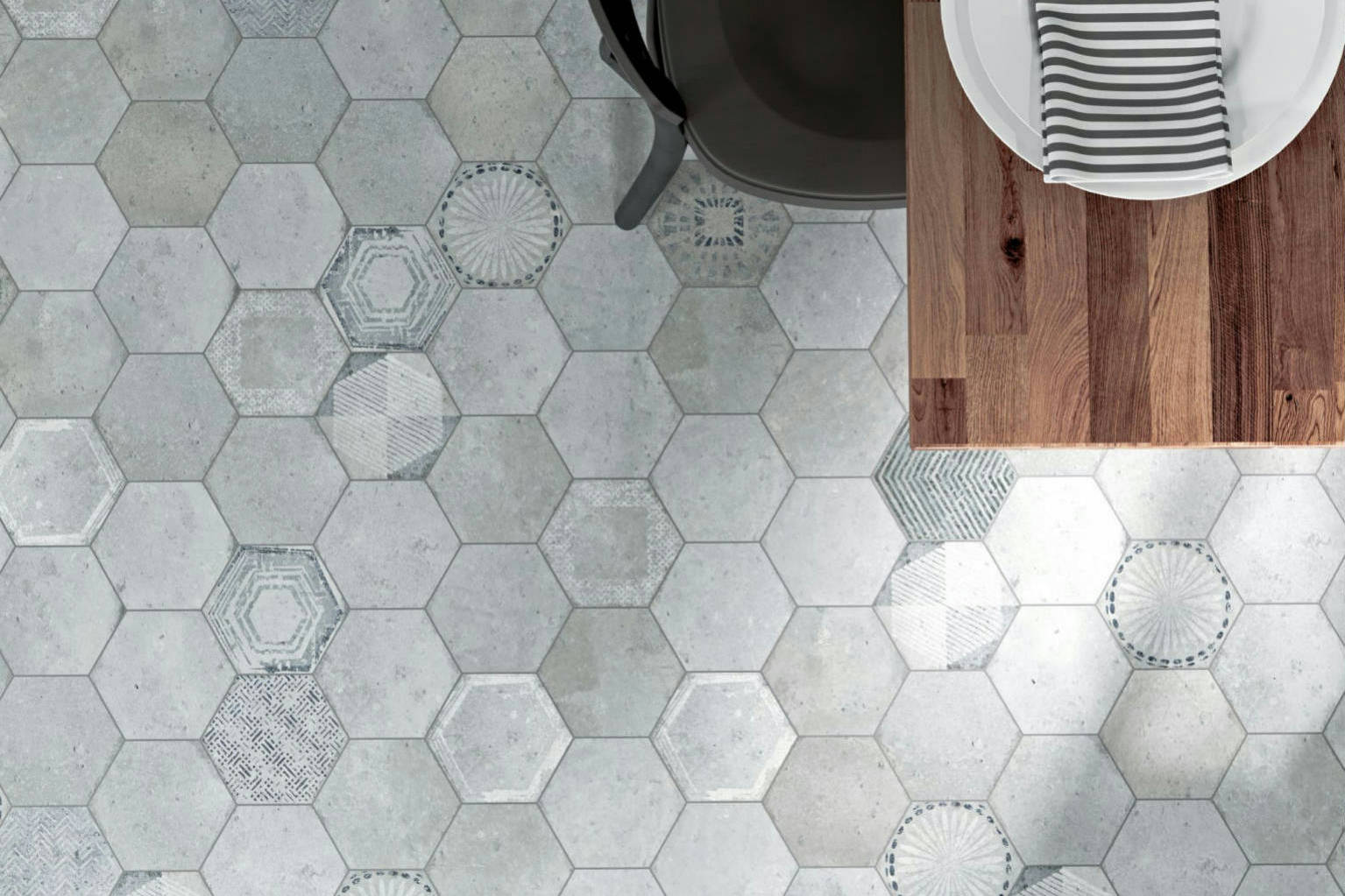 Alma 5.5x6.3” Grey and Grey Decor Hexagon | Roma Tile NY