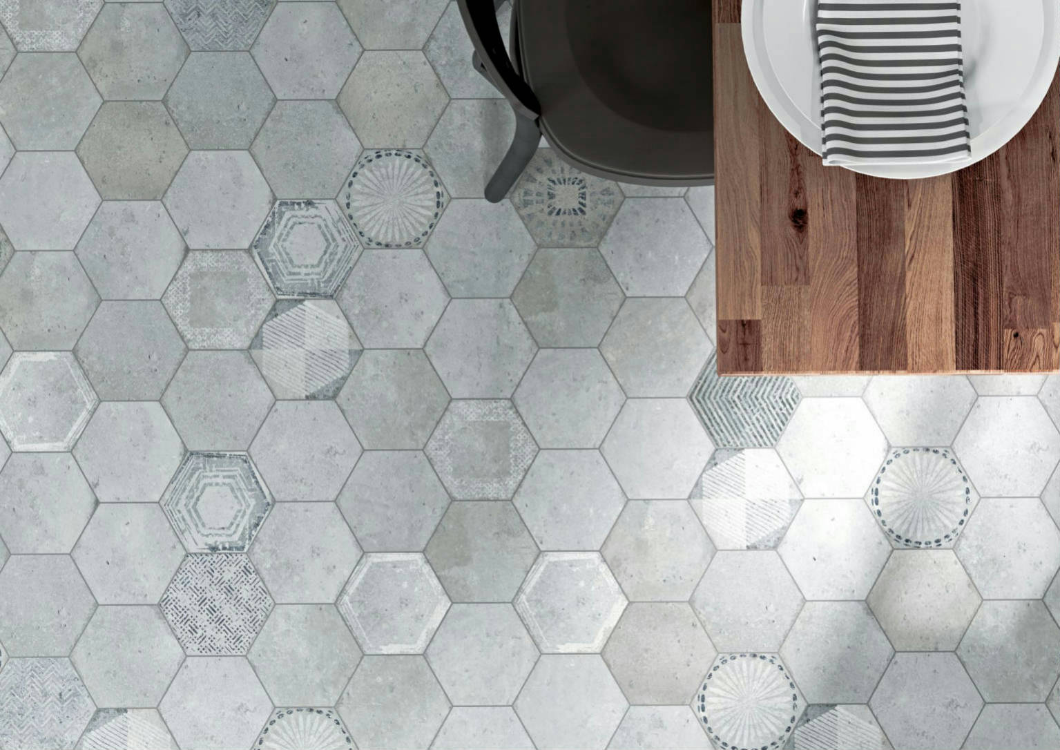 Alma 5.5x6.3” Grey and Grey Decor Hexagon | Roma Tile NY