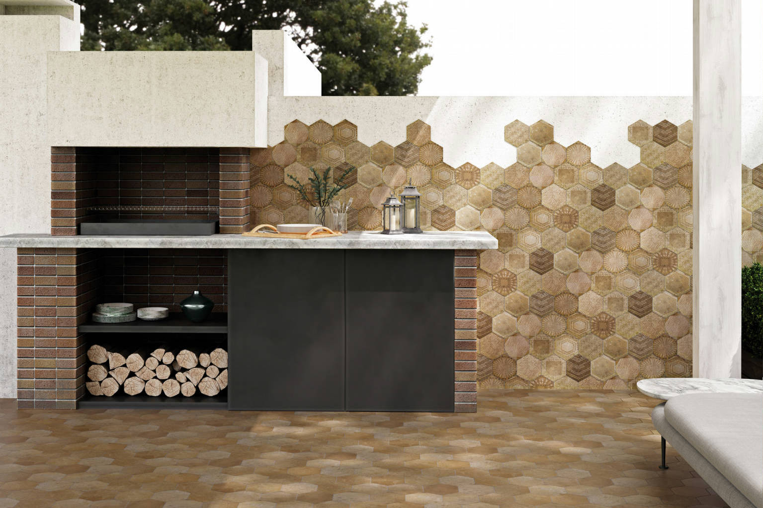 Alma 5.5x6.3” Terra and Sand Decor Hexagon | Roma Tile NY