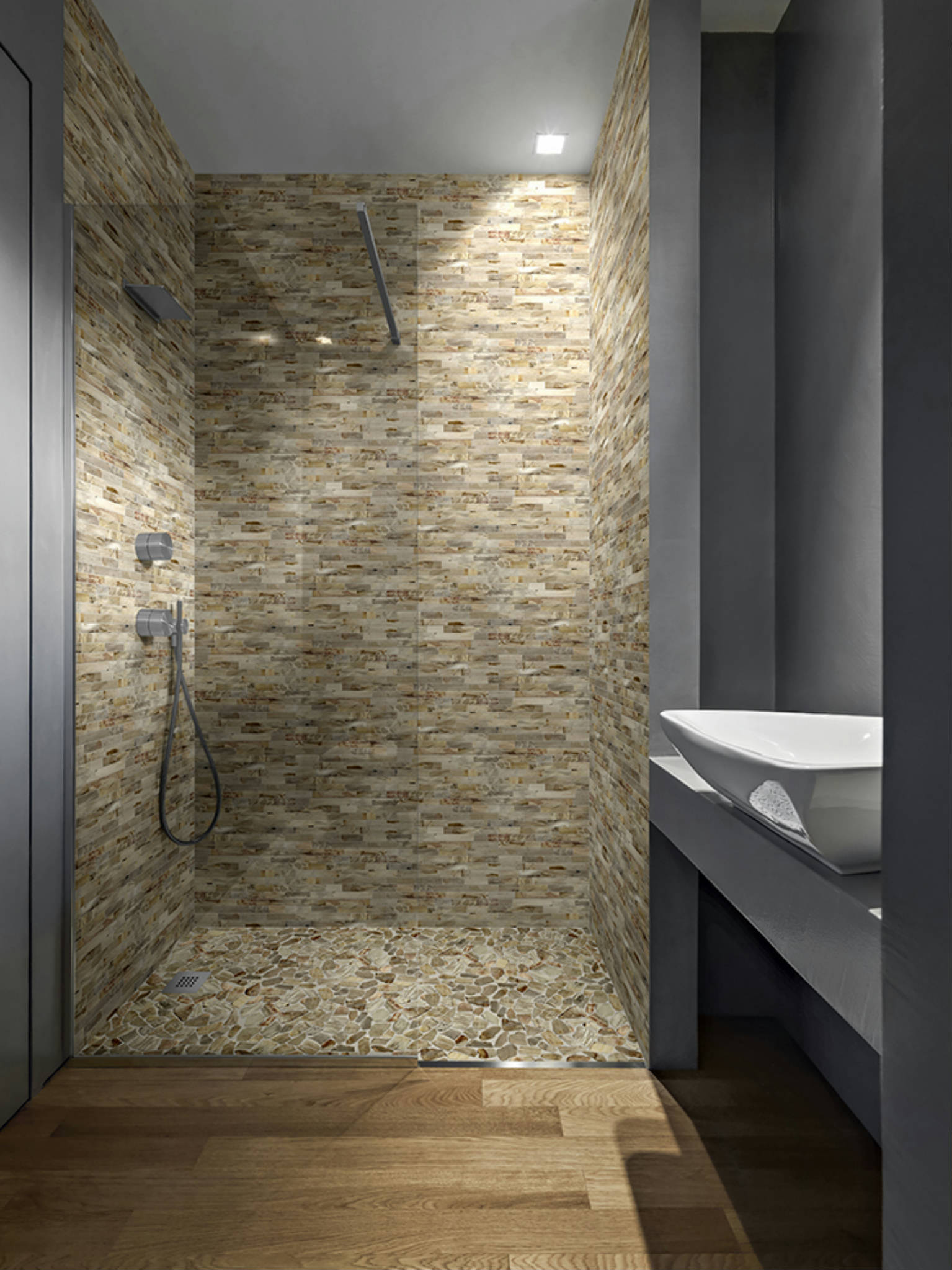 Fossil Wood Mini Opus Mix Beige Interlocking Mosaic | Roma Tile NY