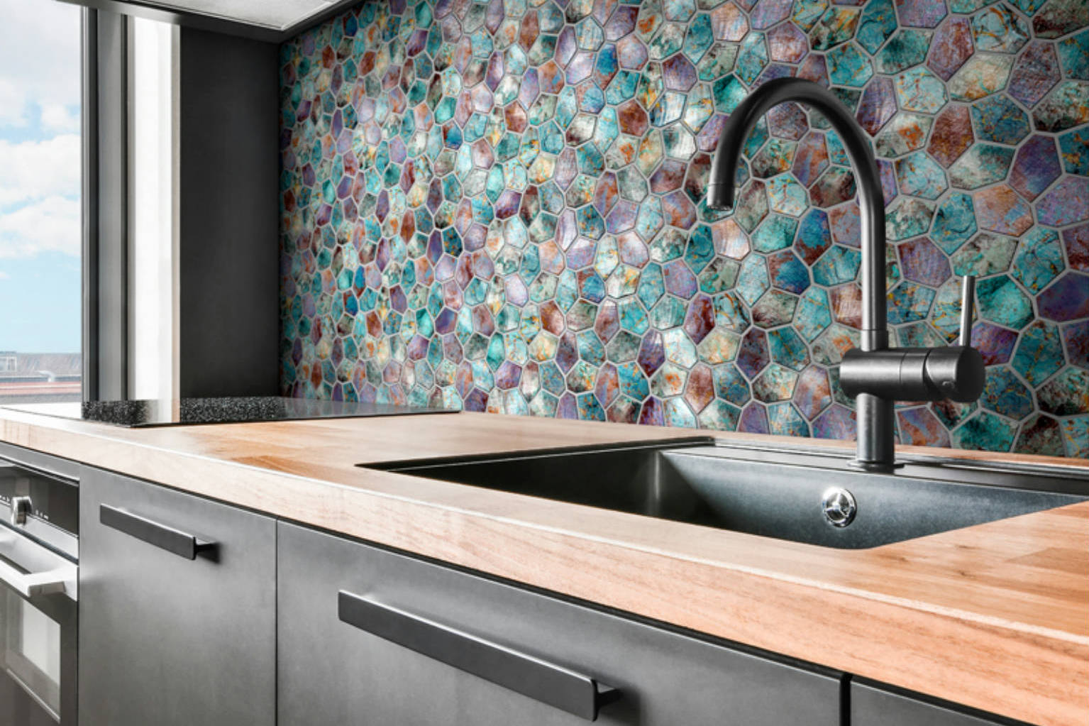 Hexagon Mix Metallic Green Rust Mosaic | Roma Tile NY