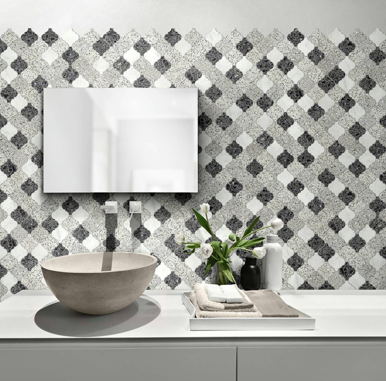 Lantern Terrazzo Marble White, Grey, Black Mix Mosaic | Roma Tile NY