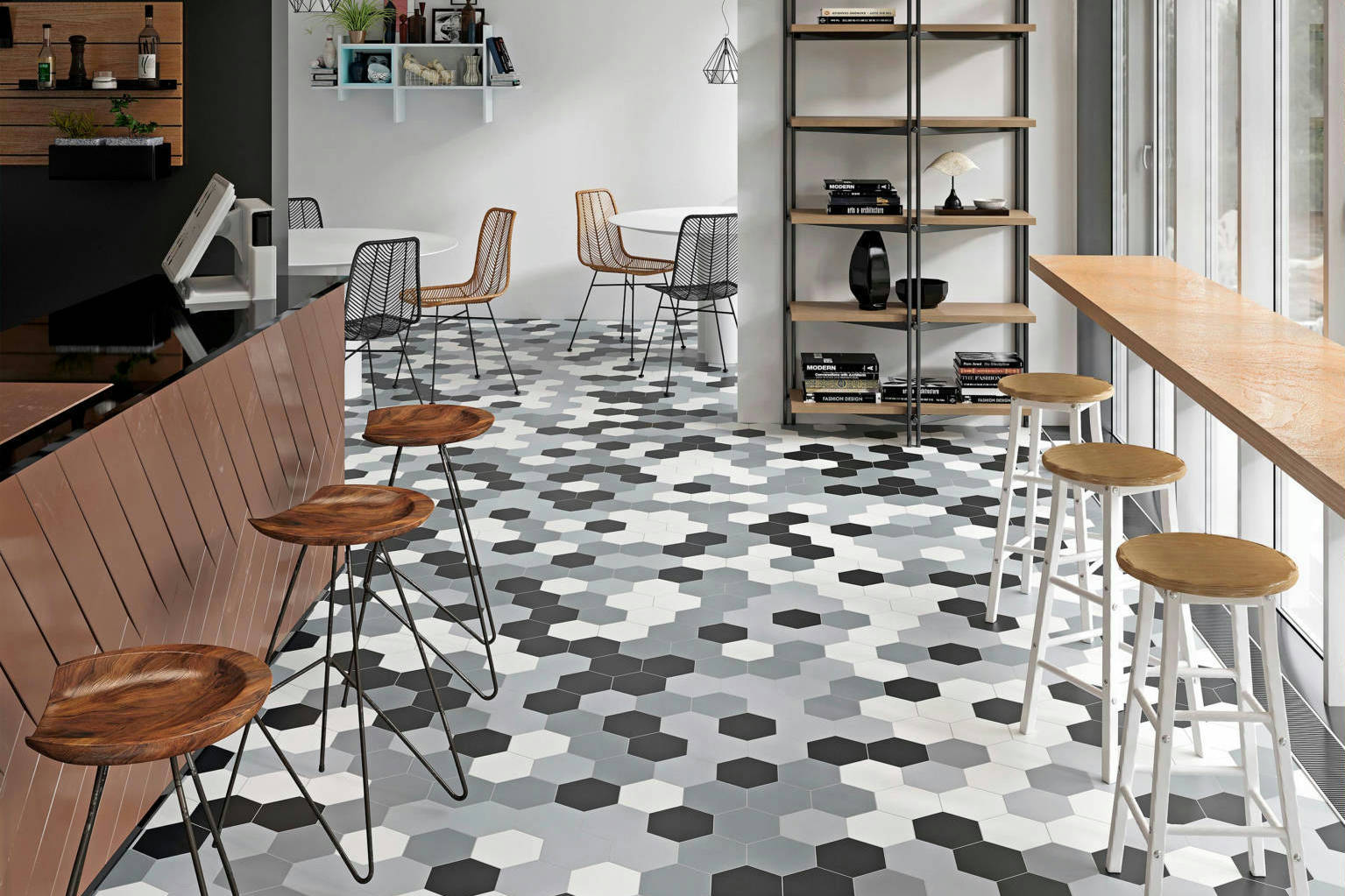 Vida 5.5X6.3” Black, Grey, Pearl, and White  Hexagons | Roma Tile NY