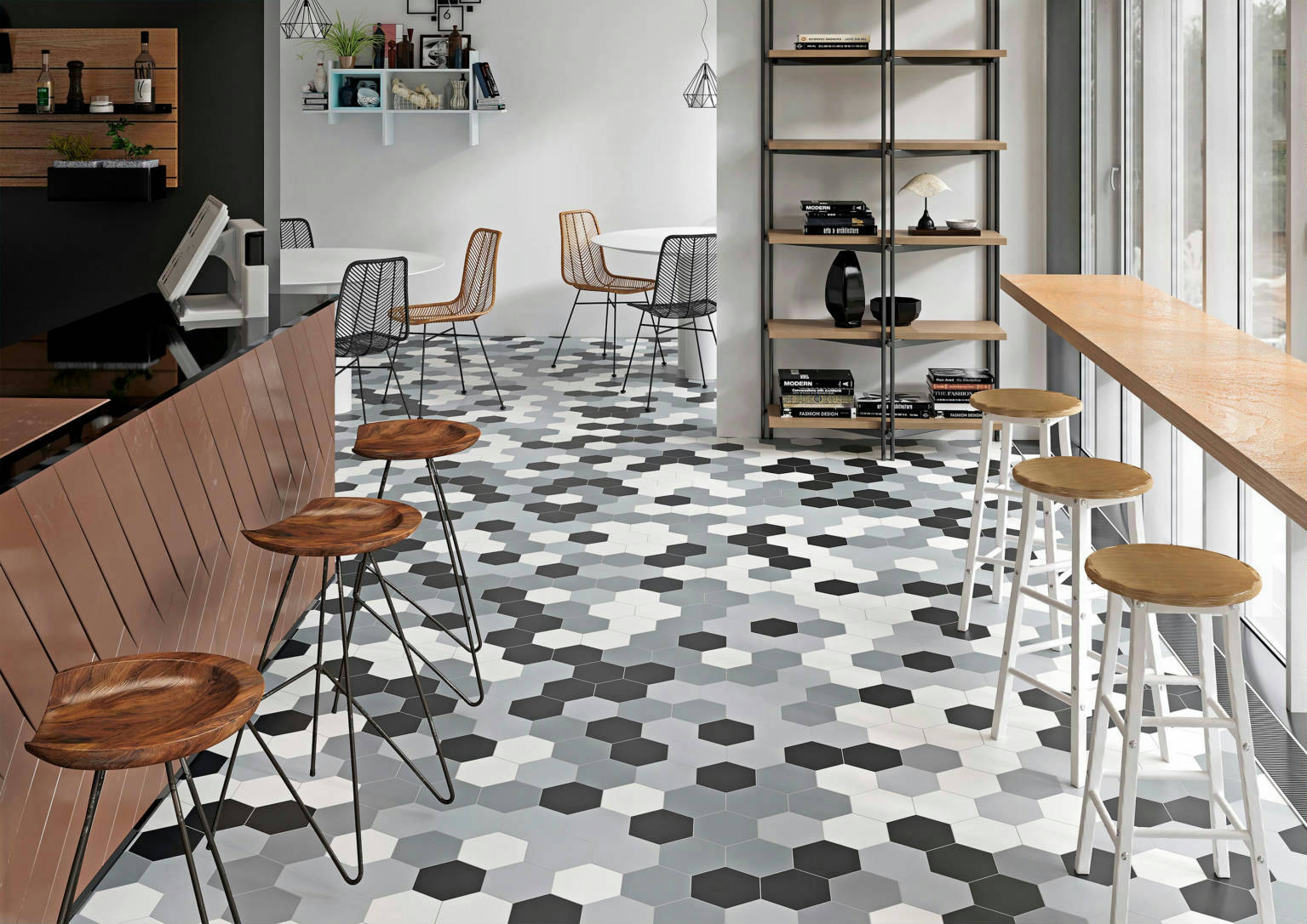 Vida 5.5X6.3” Black, Grey, Pearl, and White  Hexagons | Roma Tile NY