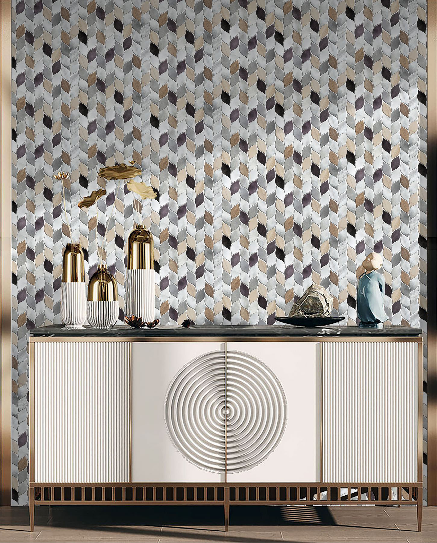 Aluminum & Marble Leaves Silver Grey Brown Mosaic 11 | Roma Tile NY