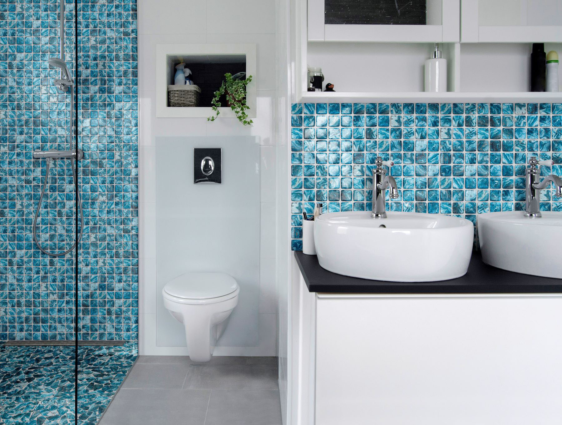 Glass Pebble Blue + Glass Square Blue Marble Pattern Mix | Roma Tile NY