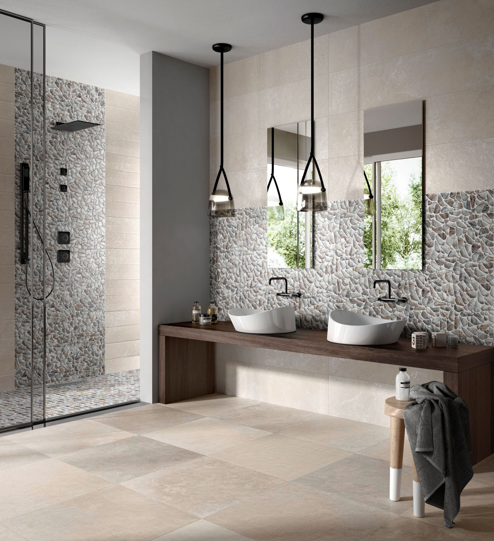 Glass Pebble Grey Beige Mix + Glass Square Grey Beige Mix | Roma Tile NY